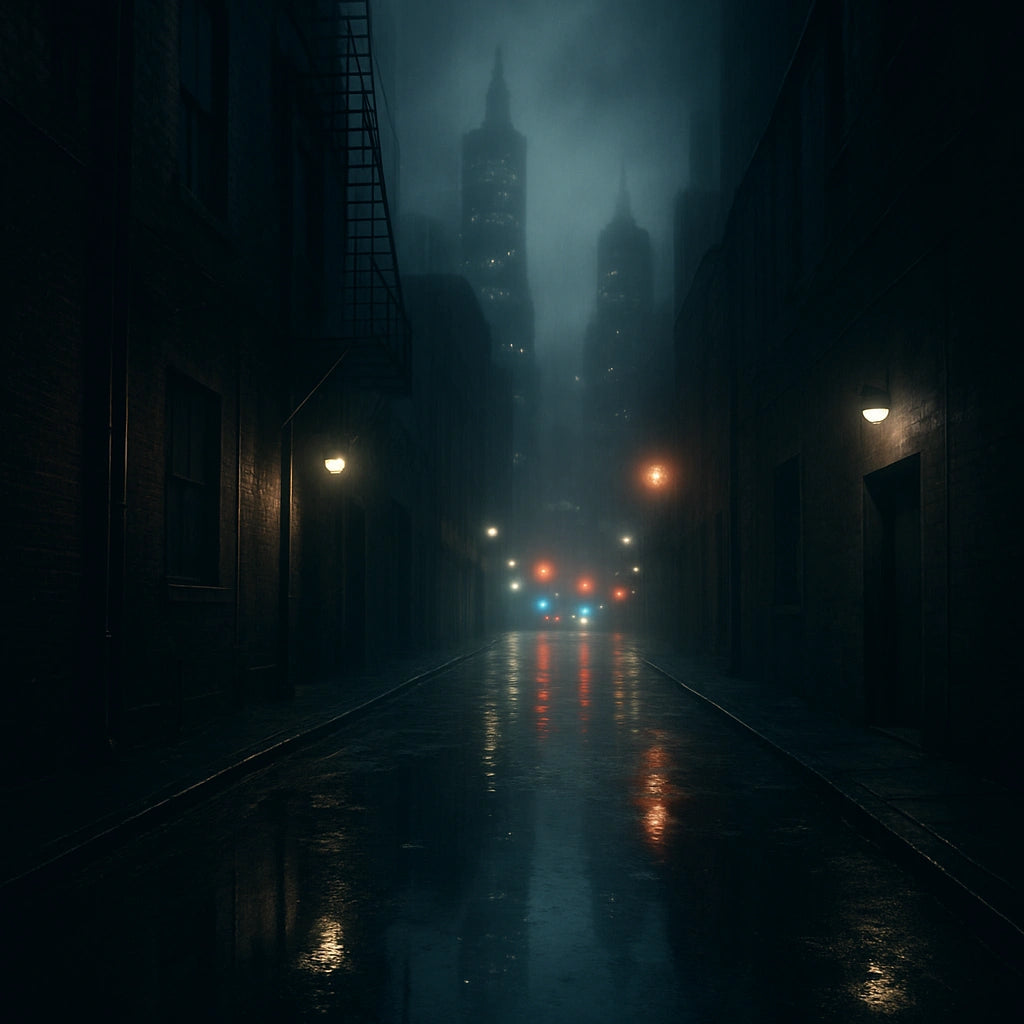 Dark, rainy city street with tall buildings and wet pavement reflecting lights.