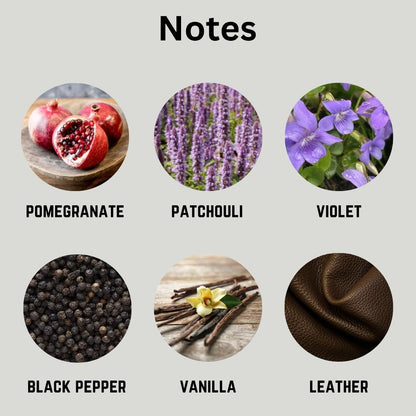 Scents with corresponding names: Pomegranate, Patchouli, Violet, Black Pepper, Vanilla, Leather on a gray background.