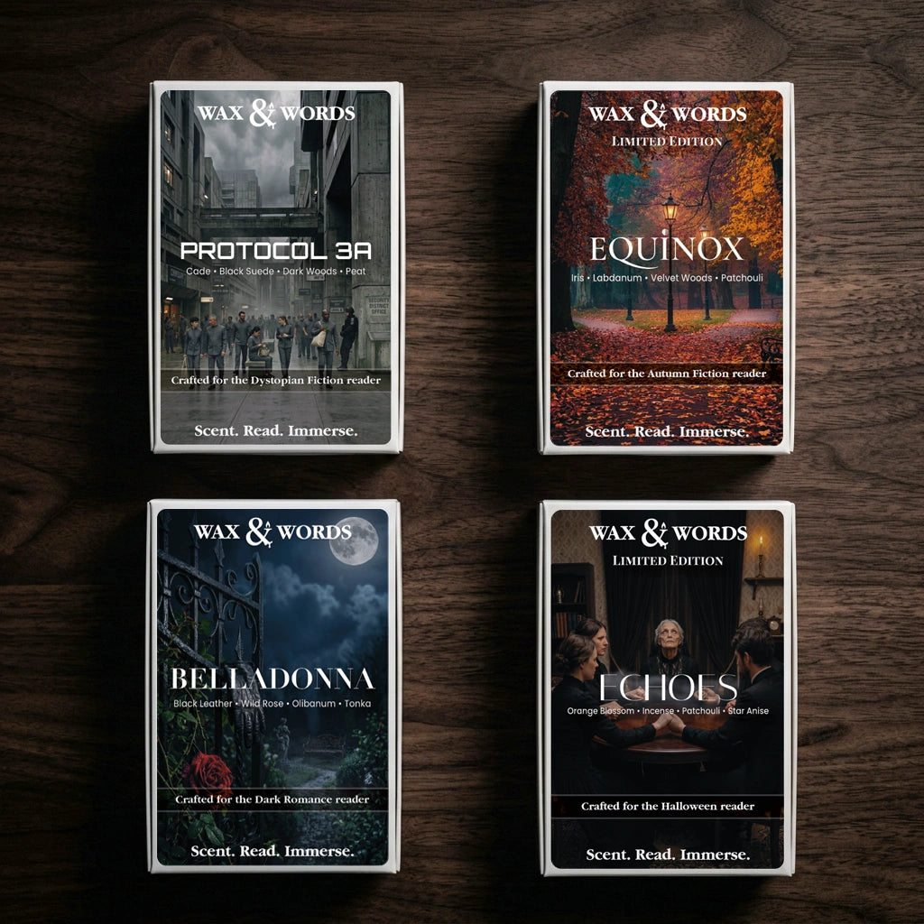 Four boxed book-style products arranged in a 2x2 grid on a dark wood surface. The boxes are labeled Wax & Words and feature different romance/fiction scent titles: Protocol 3A, Equinox, Belladonna, and Echoes.