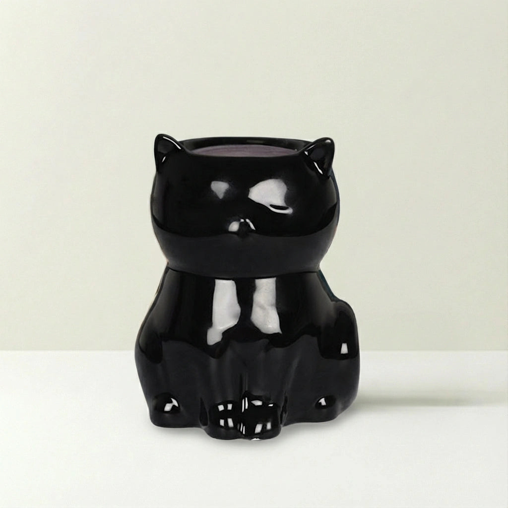 Black cat-shaped container on a beige background
