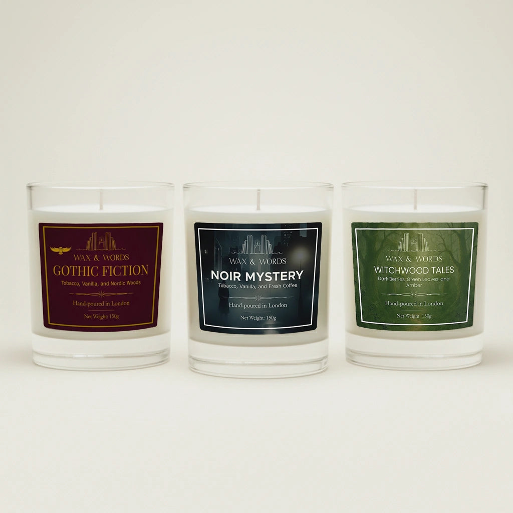 Three candles with labels on a white background