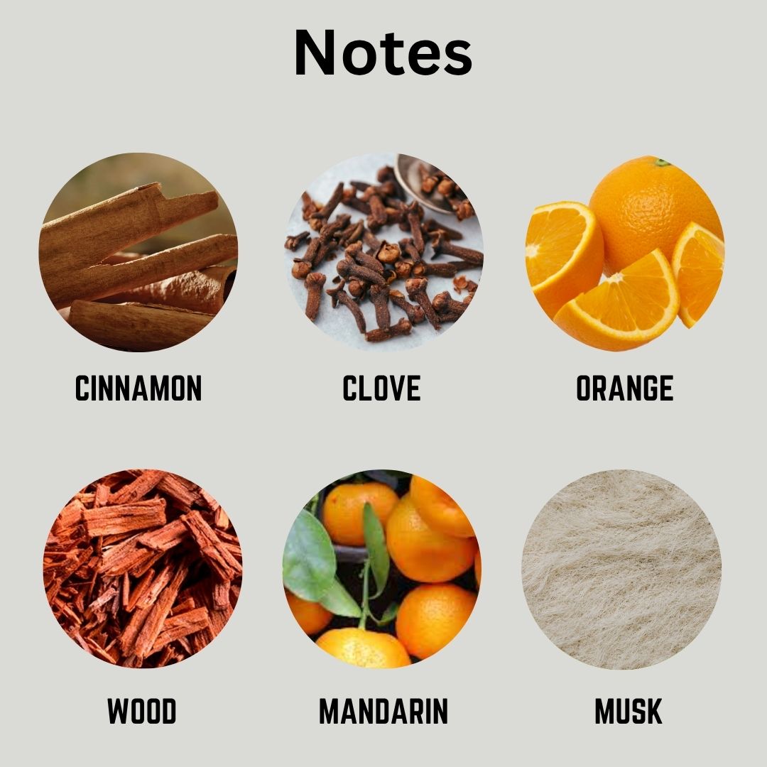 Illustrations of cinnamon, clove, orange, wood, mandarin, and musk with labels on a light gray background.
