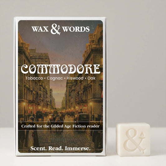 Wax & Words 'Commodore' fragrance box shown upright next to a small white cube with an ampersand symbol, on a light gray background.