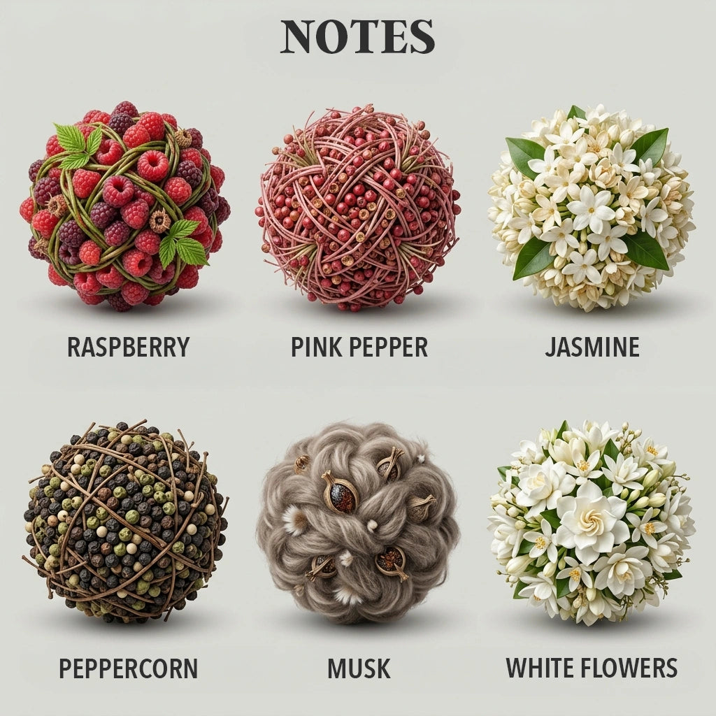 A fragrance notes chart titled NOTES on a light gray background, showing six spherical scent representations with labels: Raspberry, Pink Pepper, Jasmine, Peppercorn, Musk, and White Flowers.