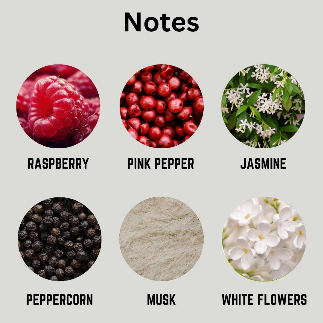 A notes graphic for a fragrance or scent listing, showing six circular ingredient/texture images labeled Raspberry, Pink Pepper, Jasmine, Peppercorn, Musk, and White Flowers on a light gray background with the heading 'Notes'.