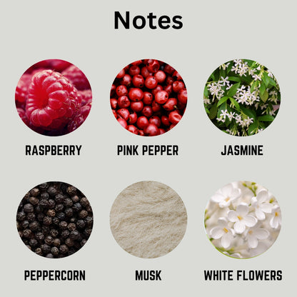 A notes graphic for a fragrance or scent listing, showing six circular ingredient/texture images labeled Raspberry, Pink Pepper, Jasmine, Peppercorn, Musk, and White Flowers on a light gray background with the heading 'Notes'.