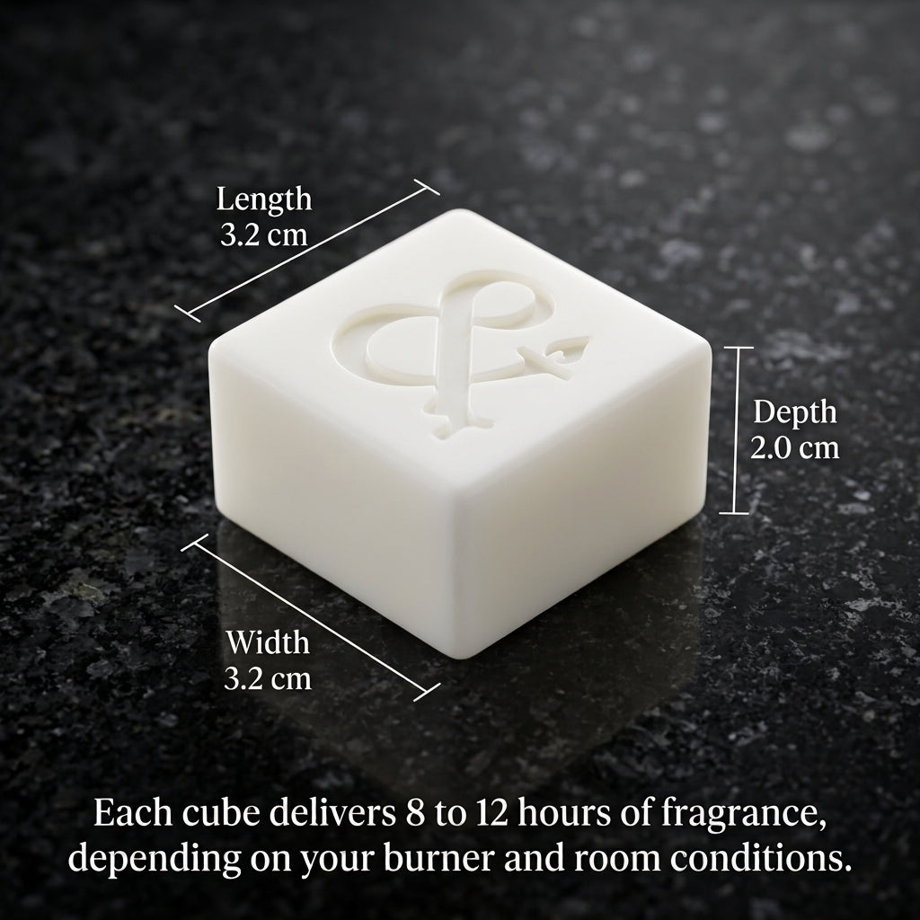 A white cube-shaped fragrance diffuser or candle cube with an embossed monogram, shown on a dark speckled surface with overlaid dimensions.
