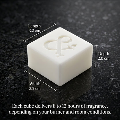 A white cube-shaped fragrance diffuser or candle cube with an embossed monogram, shown on a dark speckled surface with overlaid dimensions.