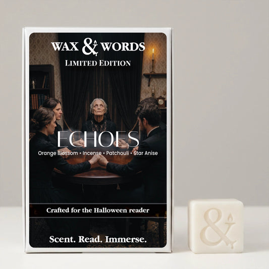 Wax & Words Limited Edition 'Echoes' candle in a white box with a dark moody cover image, shown next to a small white candle cube with an ampersand symbol on a light gray background.