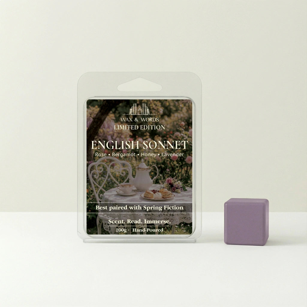 Wax and Words English Sonnet wax melt packaging with a small wax melt in front on a white background