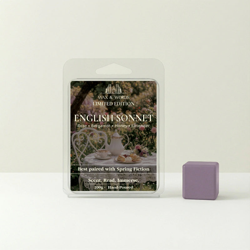 Wax and Words English Sonnet wax melt packaging with a small wax melt in front on a white background
