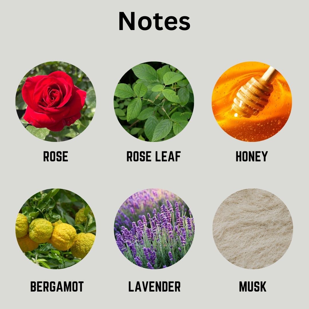 Illustrations of rose, rose leaf, honey, bergamot, lavender, and musk with labels on a gray background.