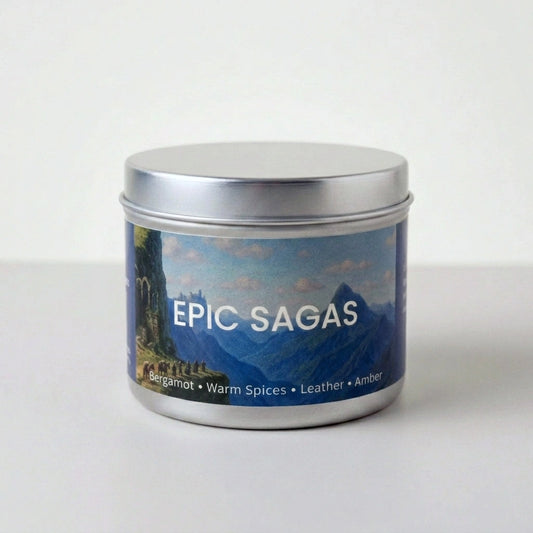 Candle tin labeled 'Epic Sagas' with mountain design on a white background