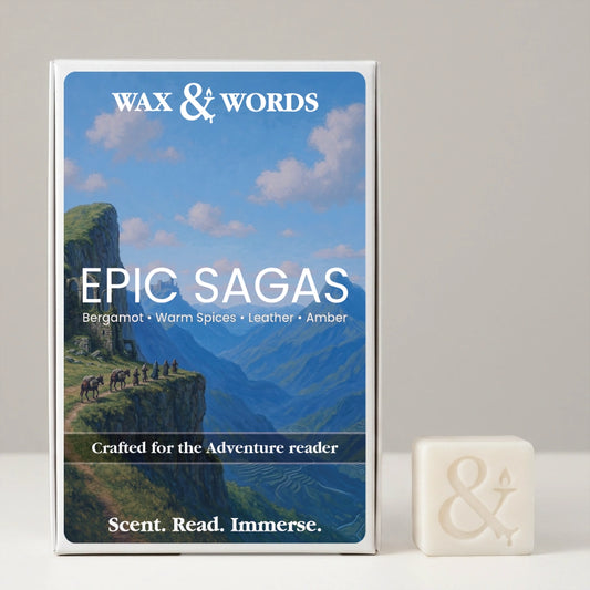 Wax & Words 'Epic Sagas' candle box shown upright next to a small white candle with an ampersand symbol, on a light neutral background.