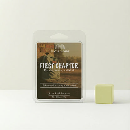 Wax melt package labeled 'First Chapter' by Wax & Words on a white background