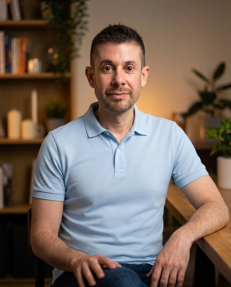 The founder of Wax & Words, seated in a relaxed posture wearing a baby blue polo shirt with bookshelves and warm lighting in the background