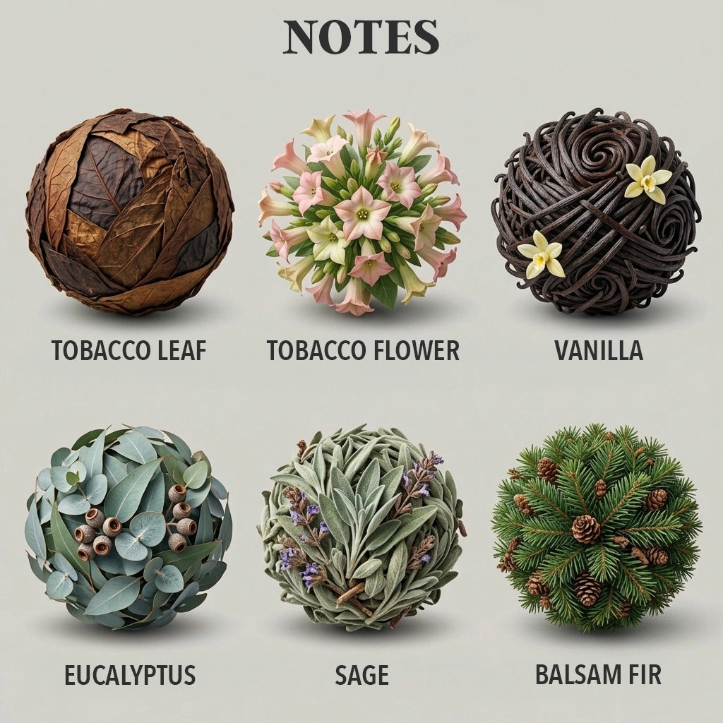 A product graphic showing six spherical botanical scent notes arranged in a 2x3 grid on a light gray background, with the heading 'NOTES'. The notes are labeled Tobacco Leaf, Tobacco Flower, Vanilla, Eucalyptus, Sage, and Balsam Fir, with corresponding illustrated dried/realistic botanical spheres beneath each label.