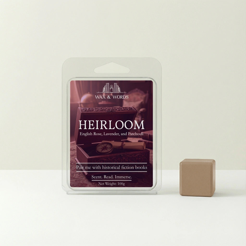 Wax and Words Heirloom wax melt packaging on a white background