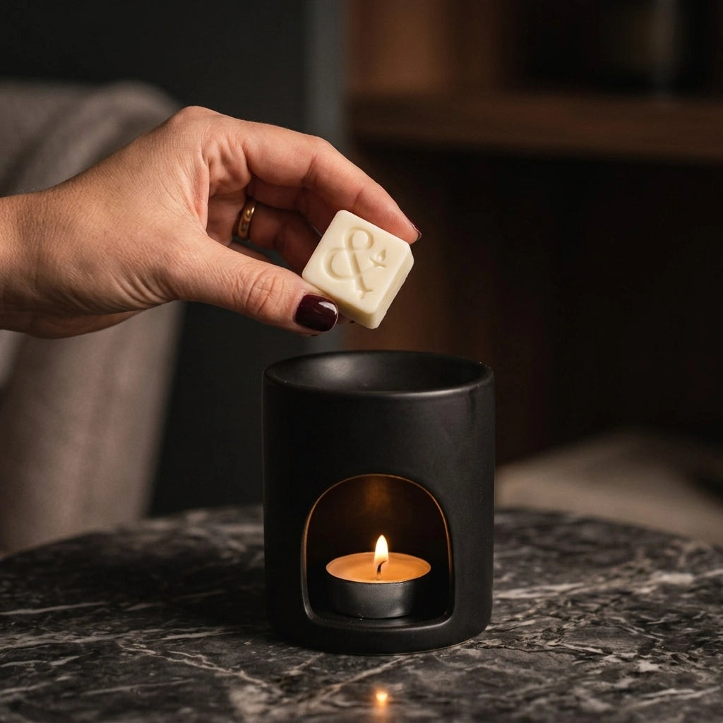 A hand with dark red nail polish holds a small cream-colored wax melt above a black ceramic candle holder with a lit tea light candle inside, set on a dark marble surface.