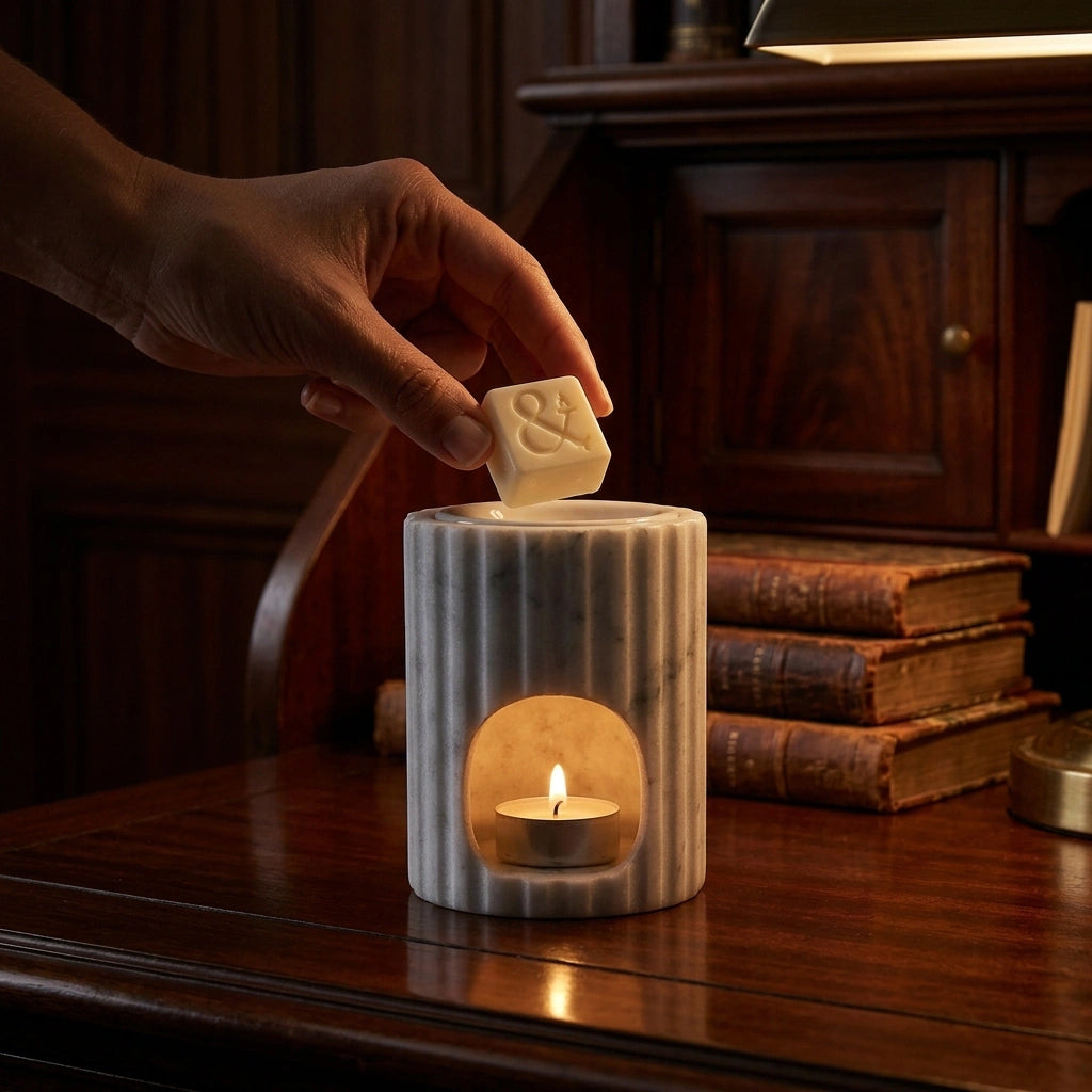 A hand places a small white wax melt with an ampersand symbol into a ribbed white and gray marble candle holder with a lit tea light candle inside, set on a dark wooden desk with vintage books in the background.