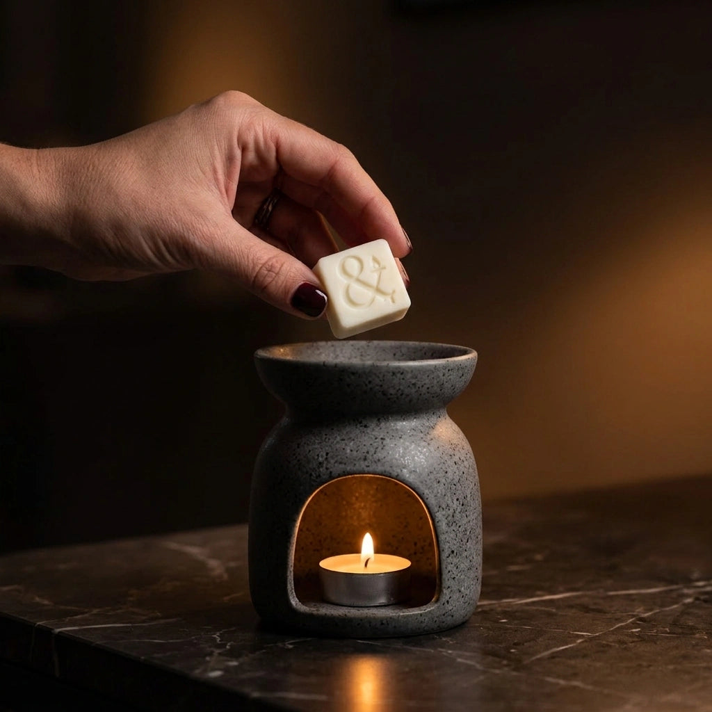 A hand with dark nail polish holds a small white wax melt above a gray ceramic candle warmer with a lit tea light candle inside, set on a dark marble surface.