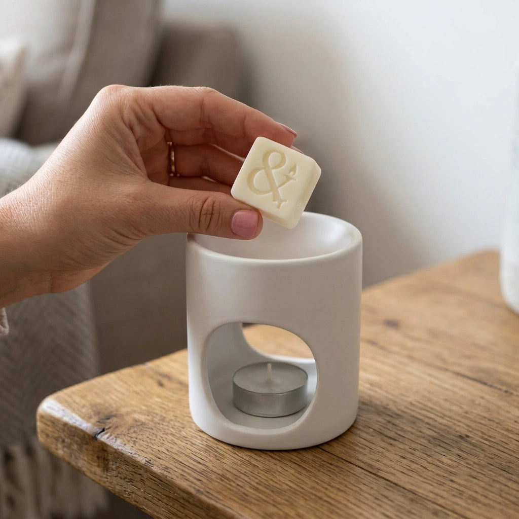 A hand holds a small cream-colored scented wax melt above a white ceramic candle holder containing a tealight, set on a wooden table in a softly blurred indoor setting.