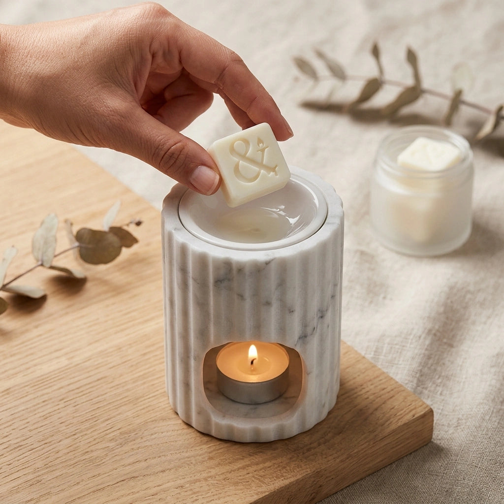 A hand holds a small square cream wax melt above a white marble candle warmer with a lit tealight candle. A frosted jar of wax melts sits in the background on a beige fabric surface with dried leaves.