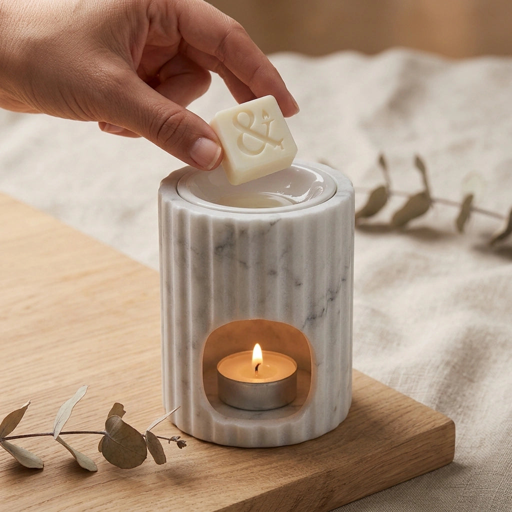 A hand places a small cream-colored wax melt with an ampersand symbol onto a white marble scented candle warmer with a lit tea light candle inside, set on a wooden tray with eucalyptus branches.