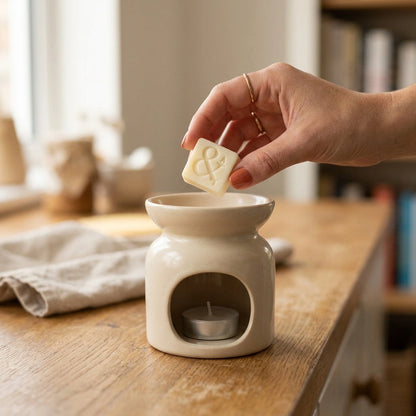 A hand holds a small cream-colored wax melt above a ceramic candle warmer with a tea light candle inside, set on a wooden table in a softly blurred home interior.