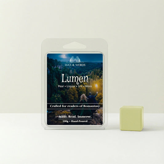 Wax melt packaging with scenic design and 'Lumen' branding on a white background