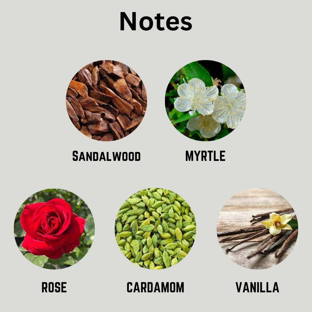 Maharani Notes with Sandalwood, Myrtle, Rose, Cardamom, and Vanilla.