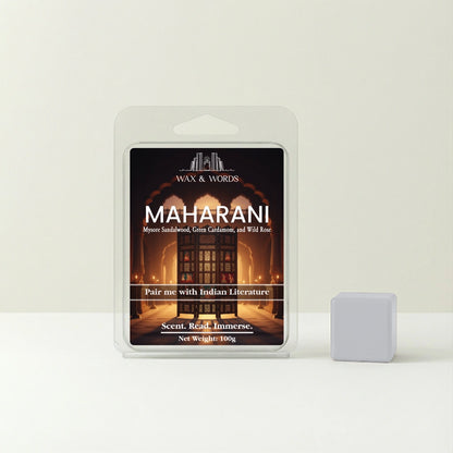 Wax melt packaging with 'Maharani' label on a light background
