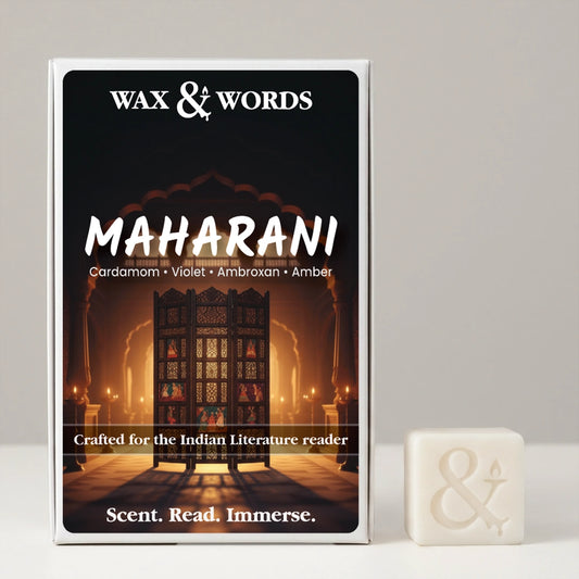Wax & Words 'Maharani' fragrance box shown upright next to a small white wax melt cube with an ampersand symbol, on a light gray background.