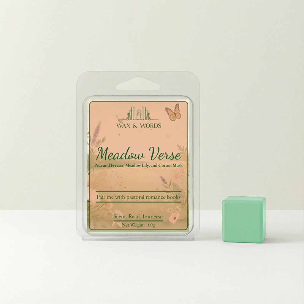 Wax melt packaging with 'Meadow Verse' label and a green wax melt on a light background
