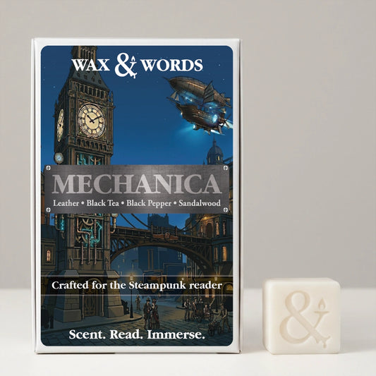 Wax & Words Mechanica steampunk-themed scented candle in a decorative box with an illustration of Big Ben and a flying machine, shown next to a small cream-colored candle cube with an ampersand symbol.