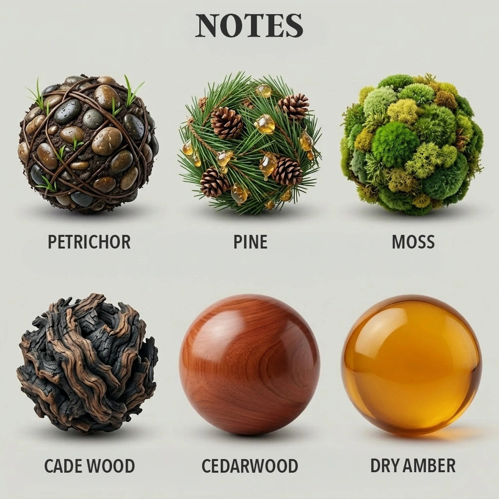 A labeled infographic showing six decorative spherical natural materials under the heading NOTES: Petrichor, Pine, Moss, Cade Wood, Cedarwood, and Dry Amber. Each sphere is shown with its name beneath it on a light gray background.