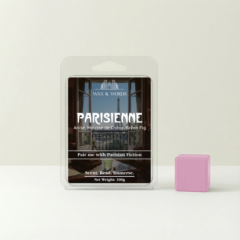 Wax bar with packaging labeled 'Parisienne' by Wax & Words on a white background