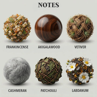 A product information graphic titled 'NOTES' showing six spherical fragrance notes with labels: Frankincense, Akigalawood, Vetiver, Cashmeran, Patchouli, and Labdanum. Each note is represented by a textured sphere in a different color and material style on a light gray background.