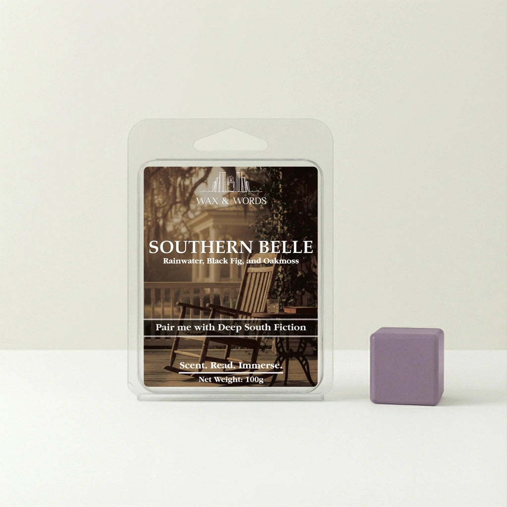 Wax melt packaging labeled 'Southern Belle' by Wax & Words on a white background