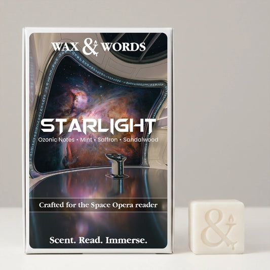 Wax & Words Starlight scent card deck box shown upright next to a small cream-colored wax melt cube with an ampersand symbol, on a light gray background.