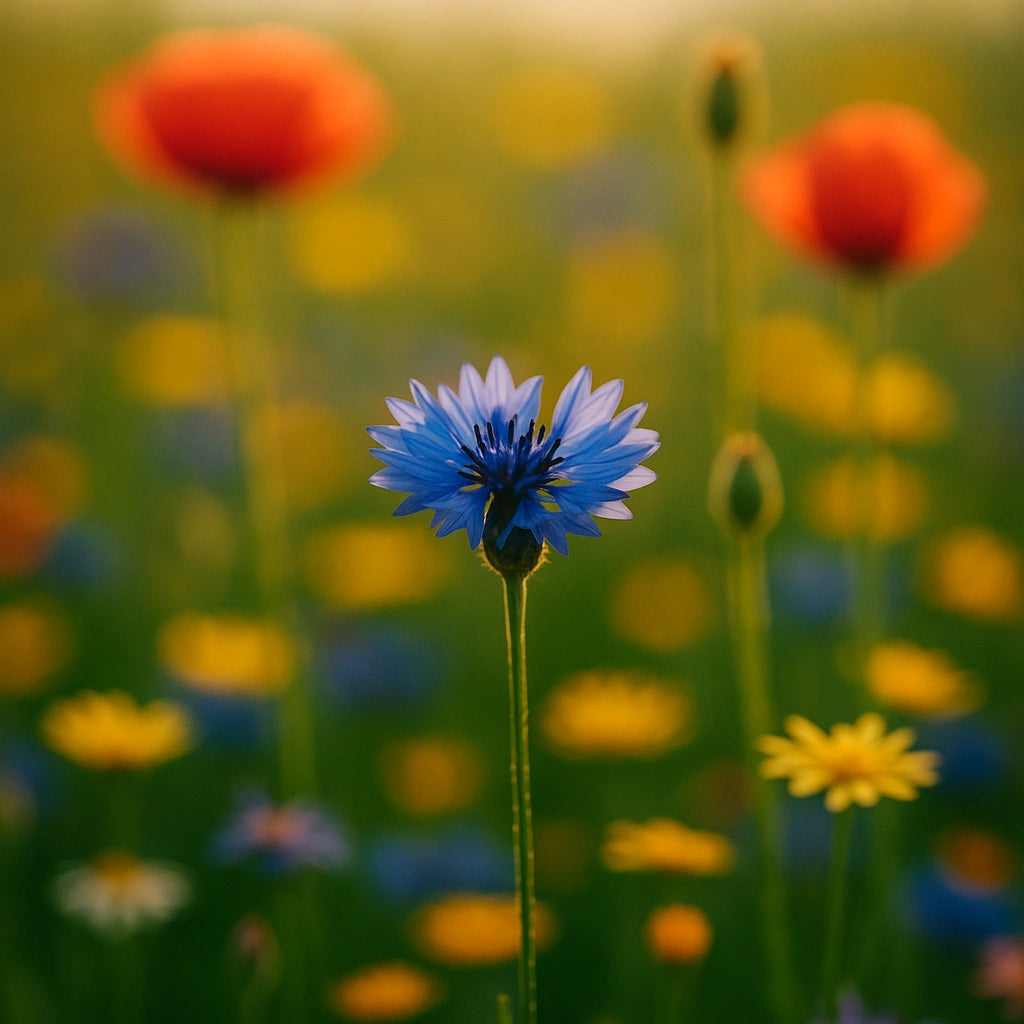 Blue flower in a field of blurred colorful flowers