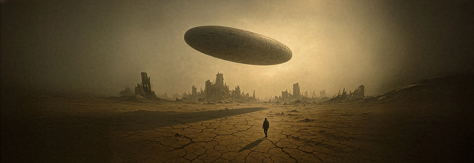 Desert landscape with a large flying saucer and a lone figure in the foreground