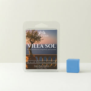 Wax melt packaging labeled 'Villa Sol' with a small blue wax melt next to it on a light background.