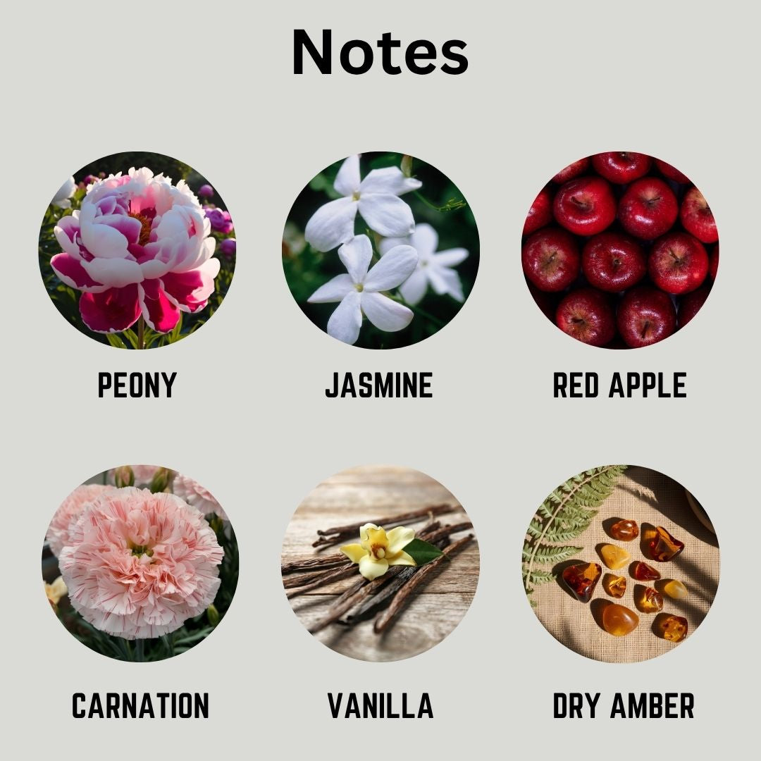 Scents represented by images of peony, jasmine, red apple, carnation, vanilla, and dry amber.
