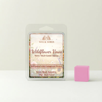Wax melt packaging with a pink wax melt on a white background