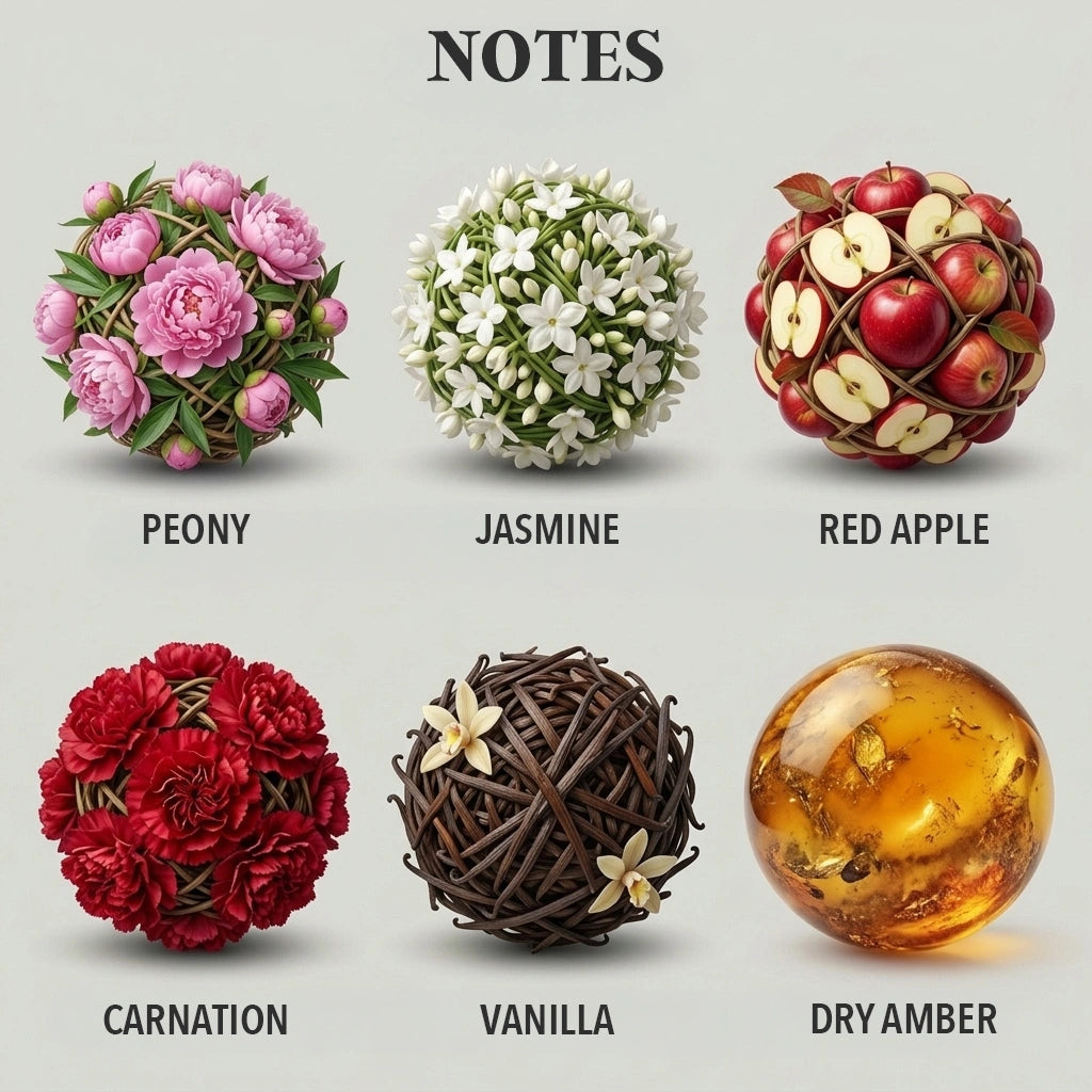 A fragrance notes graphic on a light gray background with six labeled spheres: peony flowers, jasmine flowers, red apples, carnation flowers, vanilla pods, and a dry amber sphere. The heading reads NOTES.