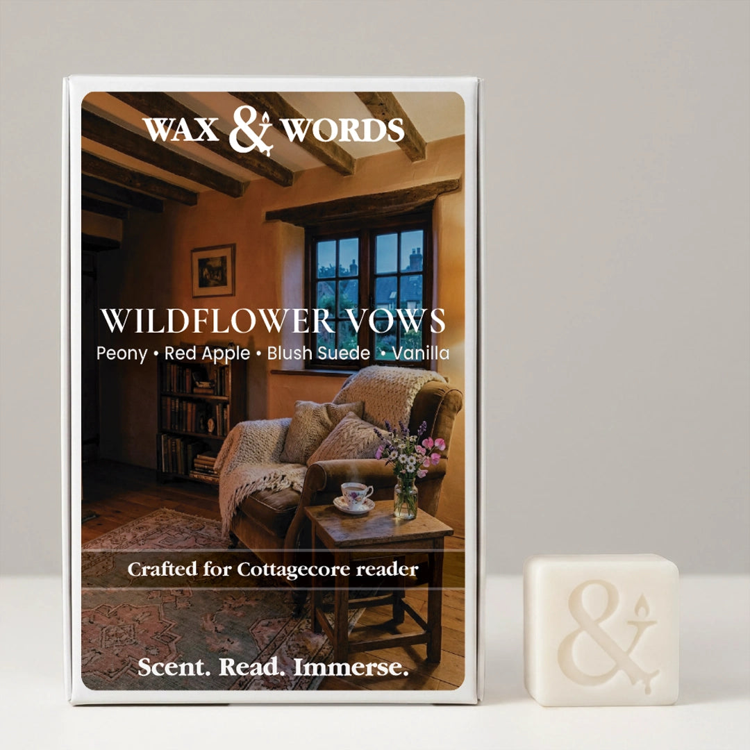 Wax & Words 'Wildflower Vows' candle packaging shown upright, with a small off-white candle block placed beside it on a light neutral surface. The box features a warm cottage-style interior photo and text listing scent notes: Peony, Red Apple, Blush Suede, and Vanilla.