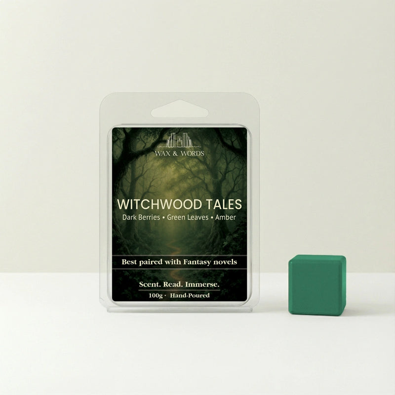 Wax melt package labeled 'Witchwood Tales' by Wax & Words on a white background